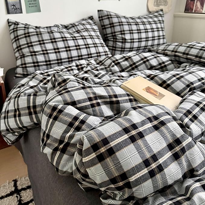 VM VOUGEMARKET Black Grey Plaid Duvet Cover Set King,3 Pieces Washed Cotton Bedding Set,Breathable Luxury Grid Duvet Cover with 2 Pillowcases