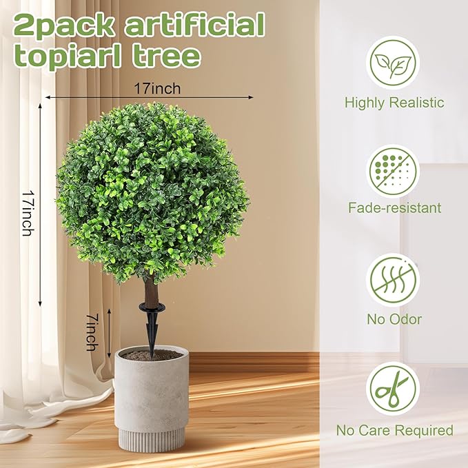 Artificial Boxwood Topiary Ball Tree 24" with Ground Spike, Set of 2 Artificial Boxwood Bushes for Faux Shrubs, Fake Evergreen Faux Plant for Indoor Outdoor Porch Garden- UV Resistant – Fade-Proof
