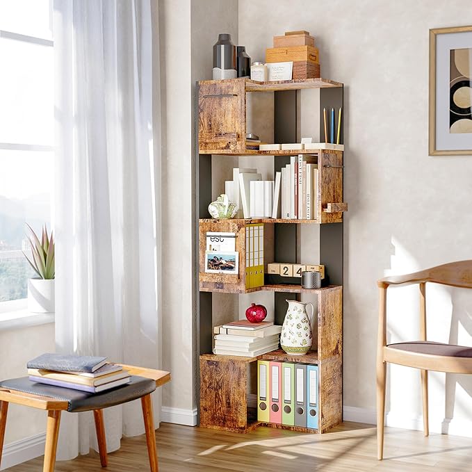 PPAMAPIC 5 Tier Corner Bookshelf, 63" Tall L Shaped Bookcase, Corner Cabinet, Wood Grain Shelf Display Rack for Kitchen, Bedroom, Living Room (Brown)