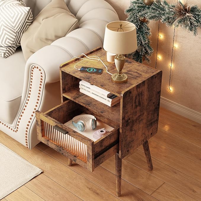 SOOWERY Mid Century Modern Nightstand with Charging Station, Bedside Tables with Acrylic Drawer, End Table Side Table with 2 Tiers Storage Space, for Bedroom, Living Room, Brown