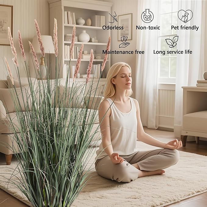 4ft Onion Grass, Artificial Plant and Greenery, Fake Floor Plants Indoor Outdoor, 48in Faux Horsetail Reed Grass with 10 Pink Flower Crowns, Potted, House Decorative