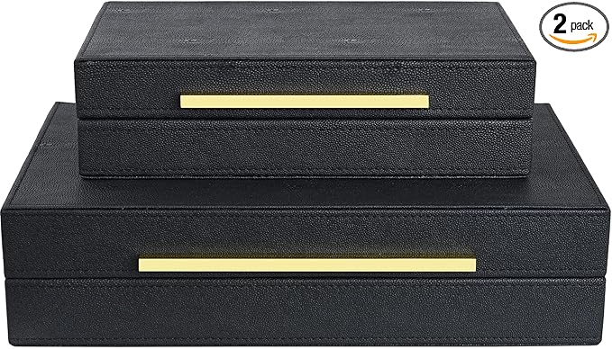 Black Shagreen box Set of 2 Faux Leather Decorative Boxes,Large Nesting Storage Decorative Boxes with Lids for Modern Home Decor Stacking Jewelry Box Organizer