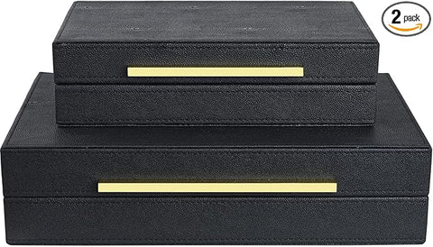 Black Shagreen box Set of 2 Faux Leather Decorative Boxes,Large Nesting Storage Decorative Boxes with Lids for Modern Home Decor Stacking Jewelry Box Organizer