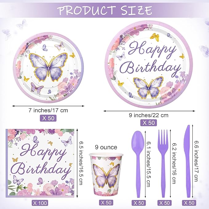 400 Pieces Butterfly Disposable Party Tableware Sets Including Plates Cups Napkins Cutlery Serves 50 for Butterfly-themed Party Birthday Baby Shower Girls Party Decorations