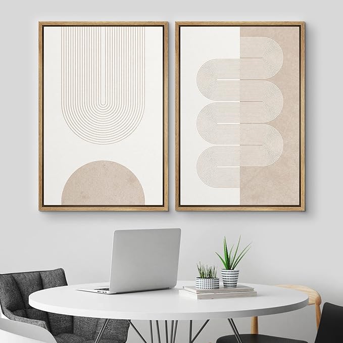 MUDECOR Framed Canvas Print Wall Art Set Pastel Tan White Geometric Wave Ribbons Abstract Shapes Illustrations Modern Art Decorative Contemporary for Living Room, Bedroom, Office - 24"x36"x2 Natural