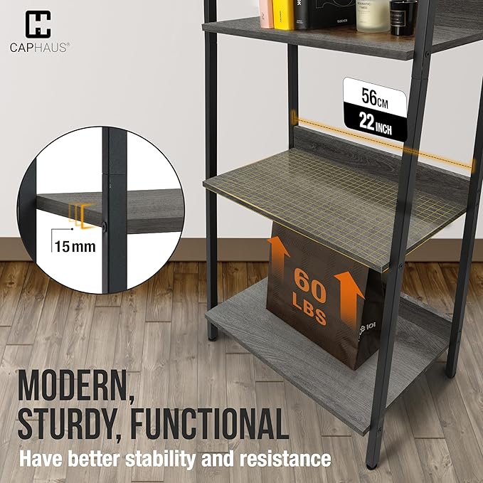CAPHAUS 5 Tier Ladder Bookshelf, 24 Inch Width Free Standing Shelf, Bookcase Shelf Storage Rack Organizer, Industrial Book Shelves for Home Office, Living Room, Kitchen, Dark Grey, Vintage Shelves