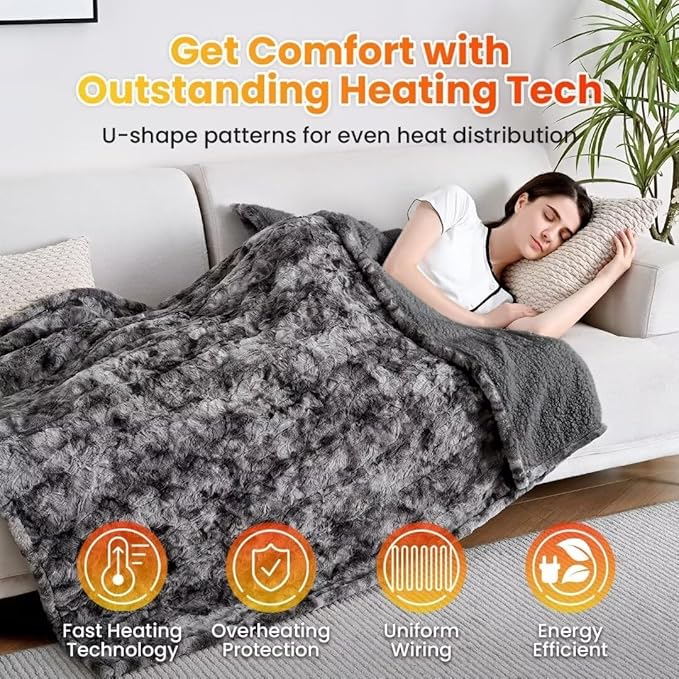 WOOMER Electric Heated Throw Blanket 50"x 60", Reversible Super Cozy Faux Fur&Sherpa, Fast Heating,4 Heating Levels & 4H Auto Off, Machine Washable, Overheat Protection, Gift