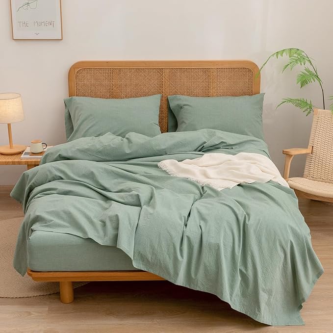 BESTOUCH Sheet Set 100% Washed Cotton Linen Feel Super Soft Comfortable Chic Lightweight 4 Pcs Home Bedding Set Solid Green Cal King