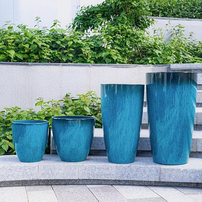 ZMTECH 24/21/12/10" H Large Plastic Planters with Drainage Hole & Saucer, Set of 4 Tall Plant Pots for Indoor/Outdoor Use, Gradient Blue Glossy Smooth Flower Pot for Front Porch Patio Garden