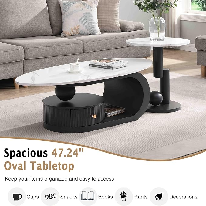 Marble Nesting Coffee Table Set of 2,Modern Oval Center Tea Table and Round Side Nightstand Set w/Drawer andFaux Marble Top and Metal Frame for Living Room Accent Furniture (Black White)