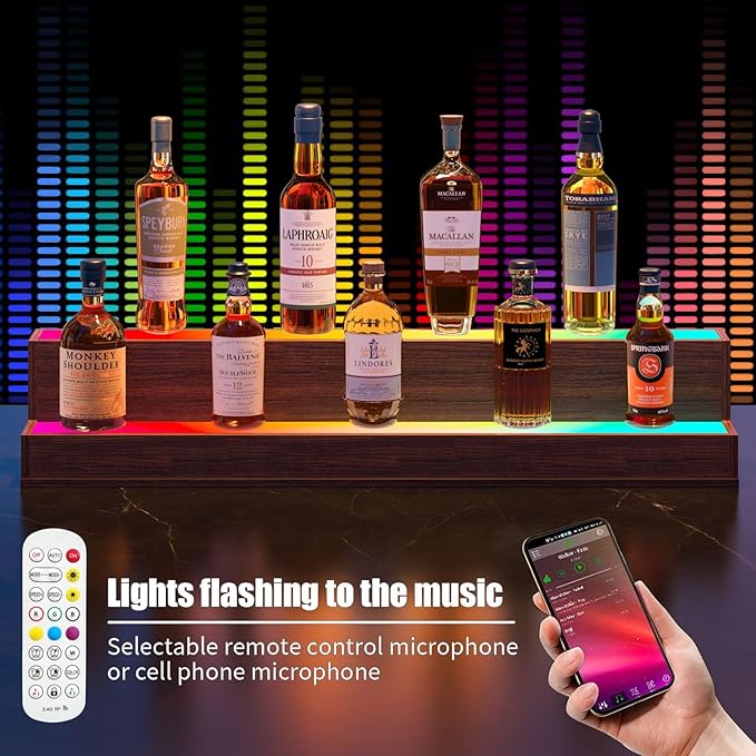LED 38 Inch Bar Display Shelf, DIY Illuminated Bottle Shelf with App & Remote Control, 2 Step Freestanding Holding Bottles for Home Bar, Party, Walnut