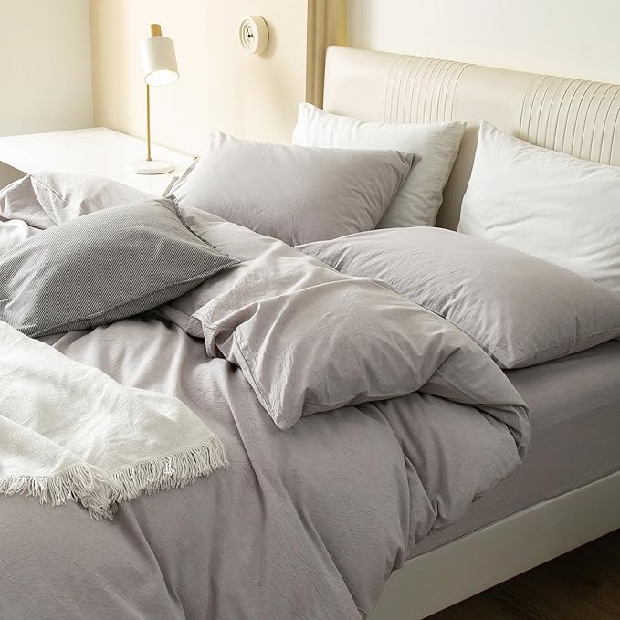 JIYUAN 100% Washed Cotton Duvet Cover Set 2 Pieces Twin, 1 Duvet Cover 68x90 Inches(Comforter Not Included) and 1 Pillowcases,Linen Feel Bedding Set Comfy and Breathable, Heathered Linen