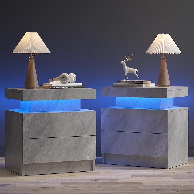 LED End Table, Modern Bedside Table with Storage, 20.5" Tall End Tables Bedroom Set of 2 with 2 Drawers, LED Furniture for Bedroom, Living Room, and Playroom, All Grey