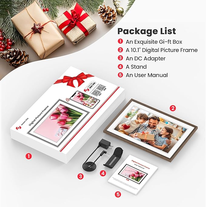 Frameo 10.1" Digital Picture Frame, Smart WiFi Digital Photo Frame with 1280x800 HD IPS Touch Screen 32GB Memory Auto-Rotate Wall Mounted, Share Photos/Videos Remotely(Brown Wood&White)