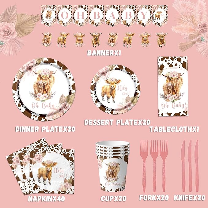 142Pcs Highland Cow Birthday Plates and Napkins,Highland Cow Baby Shower Decorations Western Theme Table Decorations for Baby Shower Party（20 Guests）