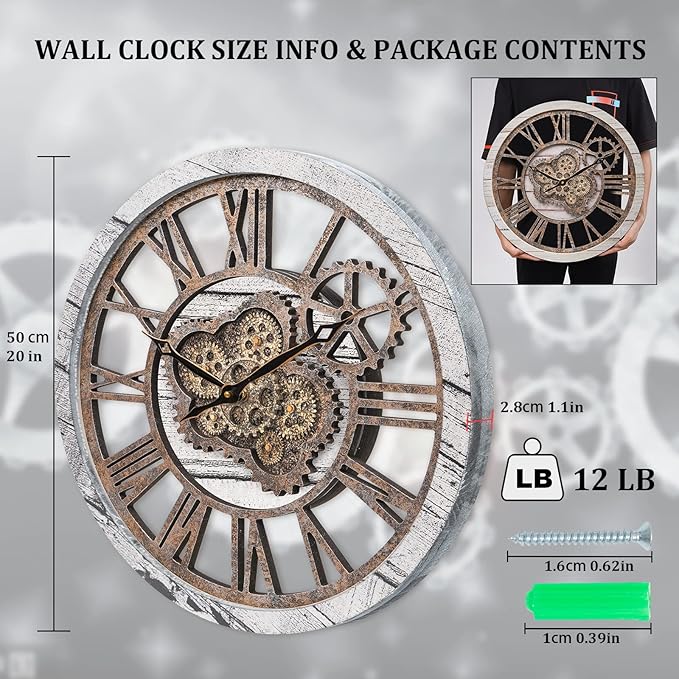 Large 20 Inch Farmhouse Vintage Rustic Moving Gears Oversized Roman Wall Clock for Living Room, Bedroom, Kitchen, Office Decor