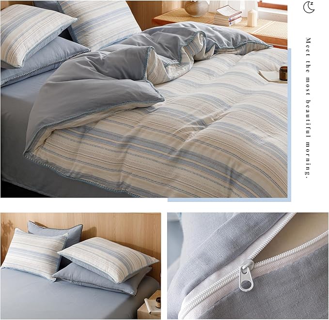 VM VOUGEMARKET Pinstripes Duvet Cover Set Queen 3 Pieces Muslin Cotton Bedding Set with Zipper Closure,Blue White Stripes Duvet Cover Queen Size(No Comforter)