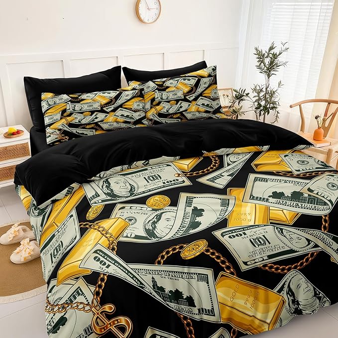 Bedorm Dollar Comforter Sets Black Gold Bedding Queen Size Bed in A Bag Money Gold Bar Pattern Rich Bedding Comforter Sets American Vintage Bed Sets