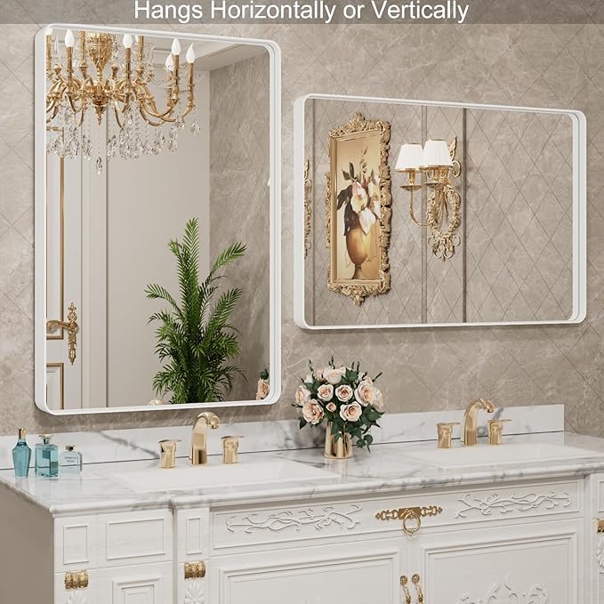 LOAAO 48x30 Inch White Metal Framed Bathroom Mirror for Wall, White Bathroom Vanity Mirror Farmhouse, Large Rounded Rectangle Mirror, Anti-Rust, Tempered Glass, Hangs Horizontally or Vertically