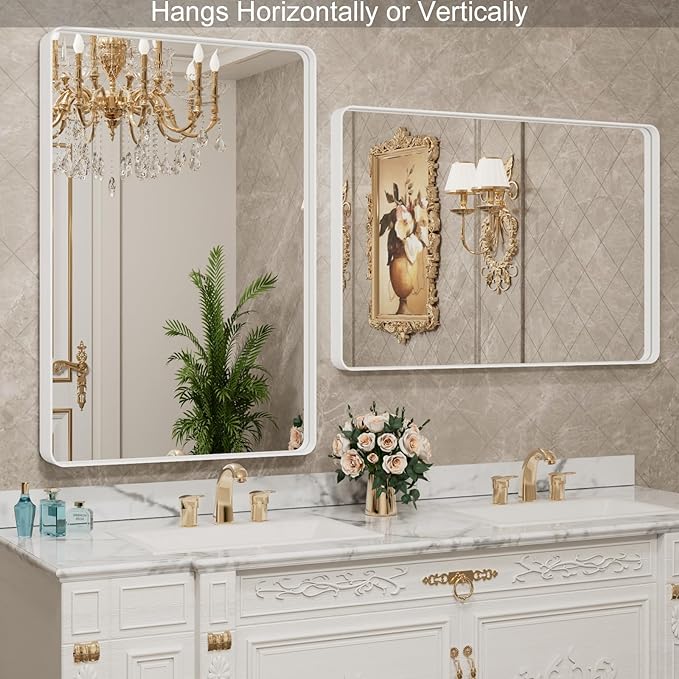 LOAAO 40x36 Inch White Metal Framed Bathroom Mirror for Wall, White Bathroom Vanity Mirror Farmhouse, Large Rounded Rectangle Mirror, Anti-Rust, Tempered Glass, Hangs Horizontally or Vertically