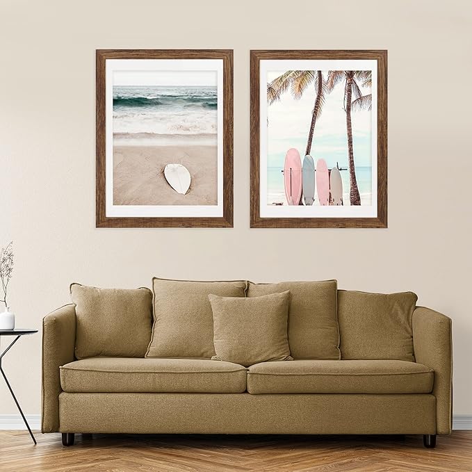 12x16 Picture Frame Set of 2, Rustic Brown Wood Style - Display 12 x 16 Poster without Mat or 11x14 Picture with Mat, Wall Mounting Horizontal and Vertical