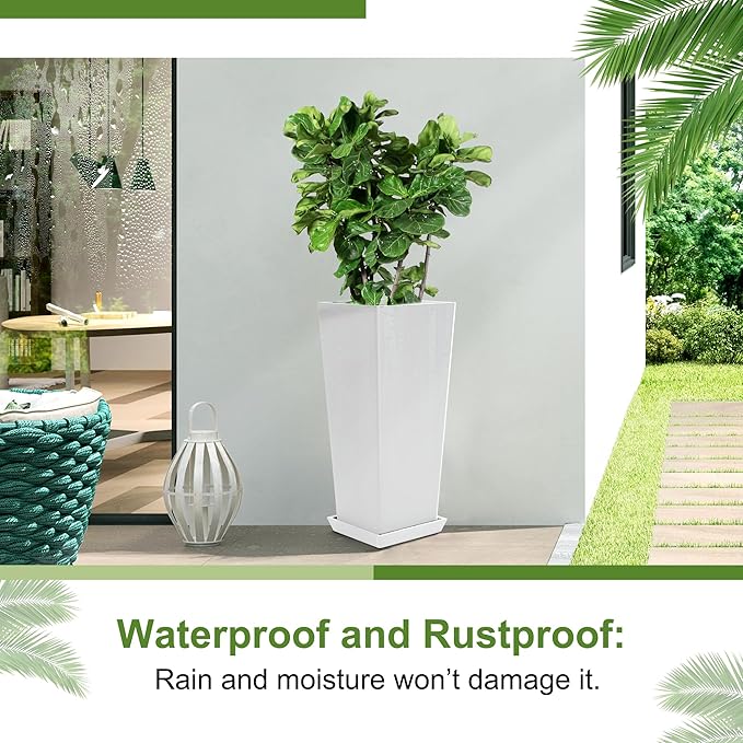 24-Inch Tall Planters Set of 2 for Outdoor and Indoor Use, Tapered Flower Pots with Drainage Tray, Front Porch and Patio Decor, Ideal for Large Plants – White