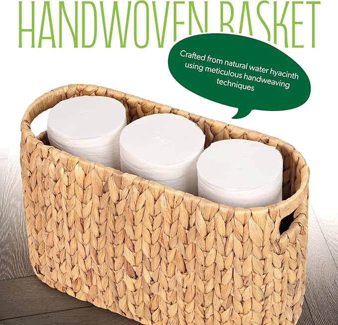 Toilet Paper Storage Holder with Built-in Handles, Water Hyacinth Toilet Papers Holder for up to 6 Mega Rolls, Wicker Toilets Paper Baskets, Decor Bathroom Storage Basket for Countertops,Shelves