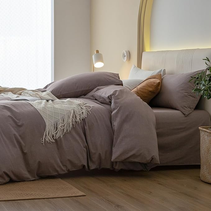 JIYUAN 100% Washed Cotton Duvet Cover Set 3 Pieces Queen, 1 Duvet Cover 90x90 Inches(Comforter Not Included) and 2 Pillowcases,Linen Feel Bedding Set Comfy and Breathable, Heathered Mauve Brown