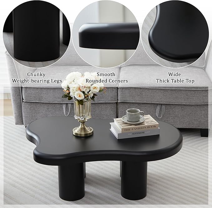 Cloud Coffee Table, Cute Irregular Coffee Table with Wide Tabletop, Accent Center Table, Cloud Shape Modern Coffee Tables for Living Room, Home Office (Black)