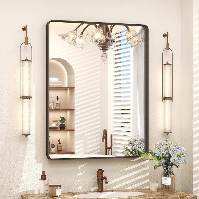 24x32 Inch Bronze Framed Bathroom Mirror, Brushed Bronze Metal Vanity Mirror, Bronze Rectangle Wall Mirror, Rounded Corner, Tempered Glass, Anti-Rust, Shatterproof (Horizontal/Vertical)