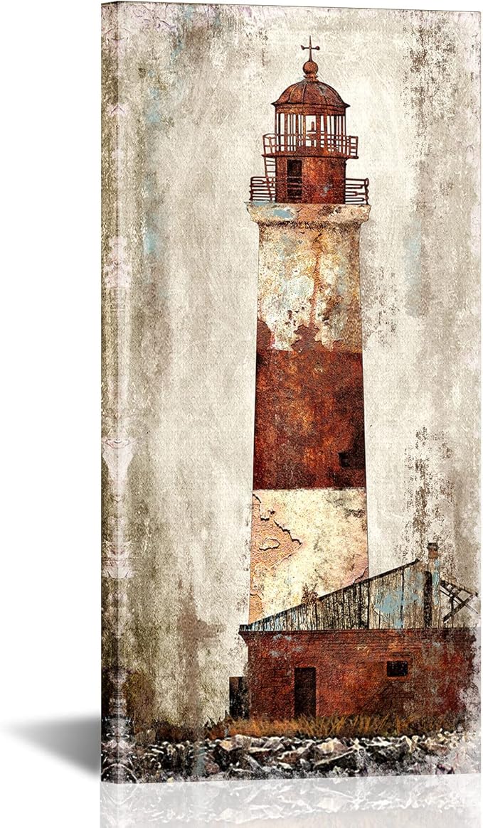 Visual Art Decor Rustic Coastal Picture Rustic Lighthouse Canvas Wall Art Retro Nautical Prints Artwork for Home Living Room Bedroom Office Decoration Ready to Hang Large 24"x48"