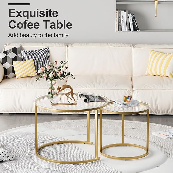 aboxoo Nesting Coffee Table Set of 2, Small Round Glass Nesting Tables for Living Room Bedroom, Accent Tea Table with Gold Metal Frame Modern Industrial Simple
