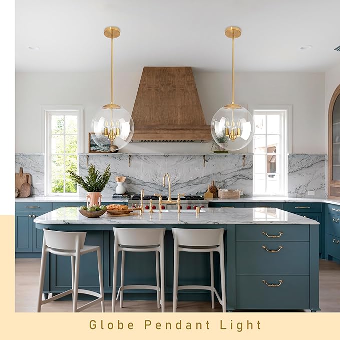 13.7" Globe Pendant Light Contemporary Globe Pendant Lights Kitchen Island 3 Light Gold Mid Century Pendant Light Clear Glass with Brass Finish Adjustable Hanging Light Fixture for Dining Room