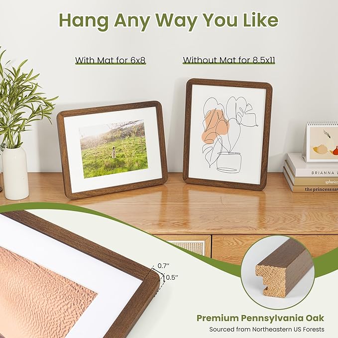 8.5x11 Round Corner Picture Frame, Solid Oak Wood Frame Matted For 6x8 With Plexiglass, Hanging Hardware Included For Tabletop Or Wall Display Frame, Walnut, 1 Pack