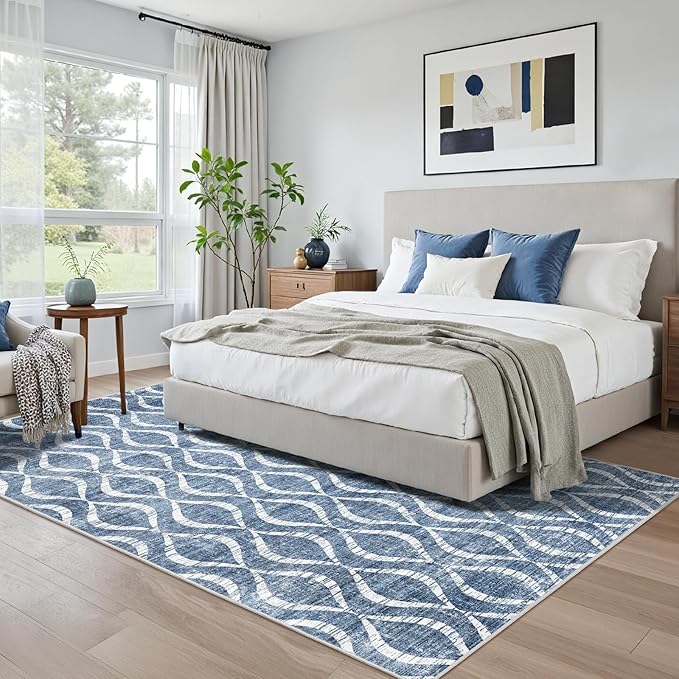 WITSHOCK Area Rugs for Living Room 5x7: Washable Non-Slip Soft Geometric Large Indoor Rug for Bedroom Dining Room, Low Pile Boho Pattern Carpet for Nursery Playroom Decor, Kid & Pet Friendly, Blue