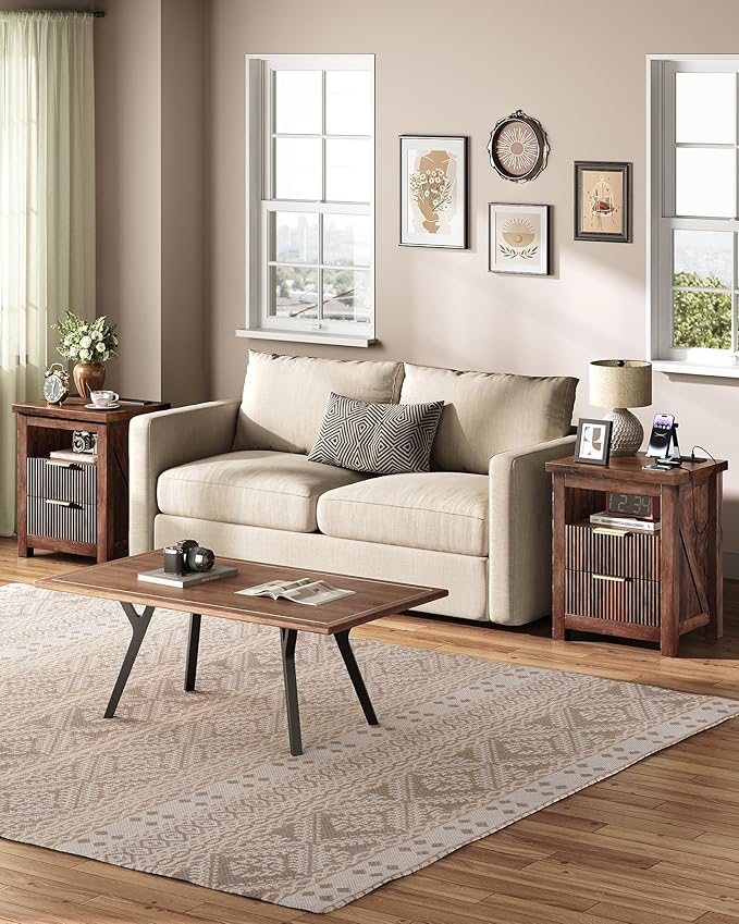 Fluted Nightstand, End Table with Charging Station and 2 Drawers, Farmhouse Nightstands with Fluted Panel, Engineered Wood Side Table for Bedroom Walnut MBZ06UHT