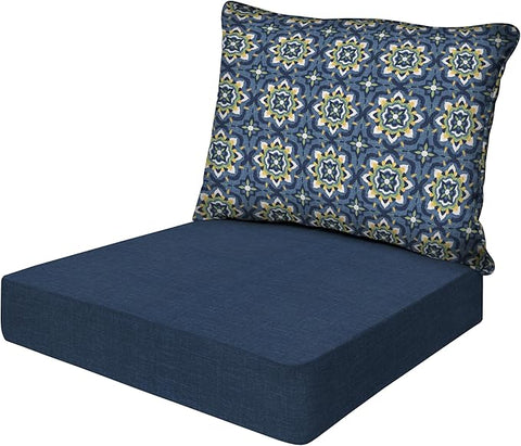 Honeycomb Outdoor Essentials Deep Seat, 24 x 24, Medina Medallion Blue Chair Cushion for Patio Furniture