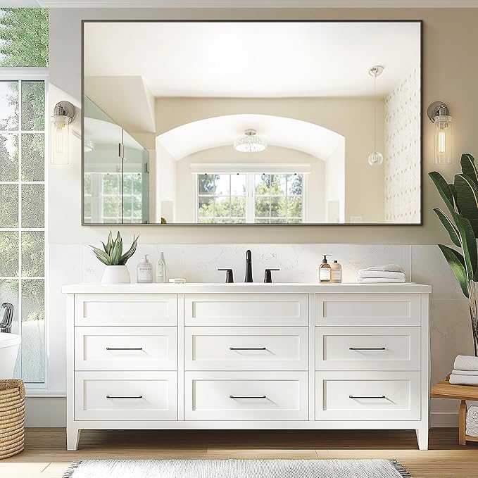 Bathroom Vanity Mirror for Wall, 60" x 36" Metal Framed Rectangular Bathroom Wall Mirror for Over Sink, HD Shatterproof Glass, Hangs Horizontally or Vertically(Black)