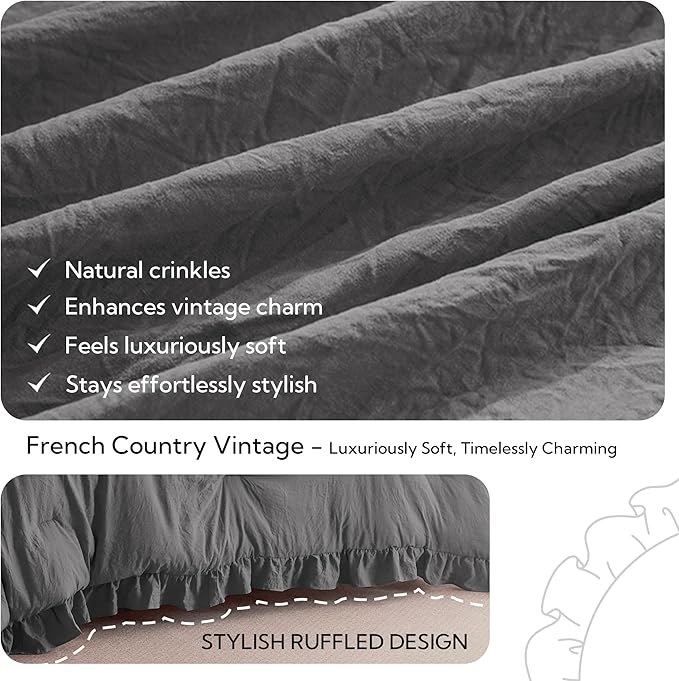 MR&HM Full Ruffle Comforter Set Dark Grey, Farmhouse Shabby Chic Bed Comforter Set, Boho Bed in a Bag Set 7 Pieces with 1 Comforter, 1 Flat Sheet, 1 Fitted Sheet, 2 Pillowcases & 2 Pillow Shams