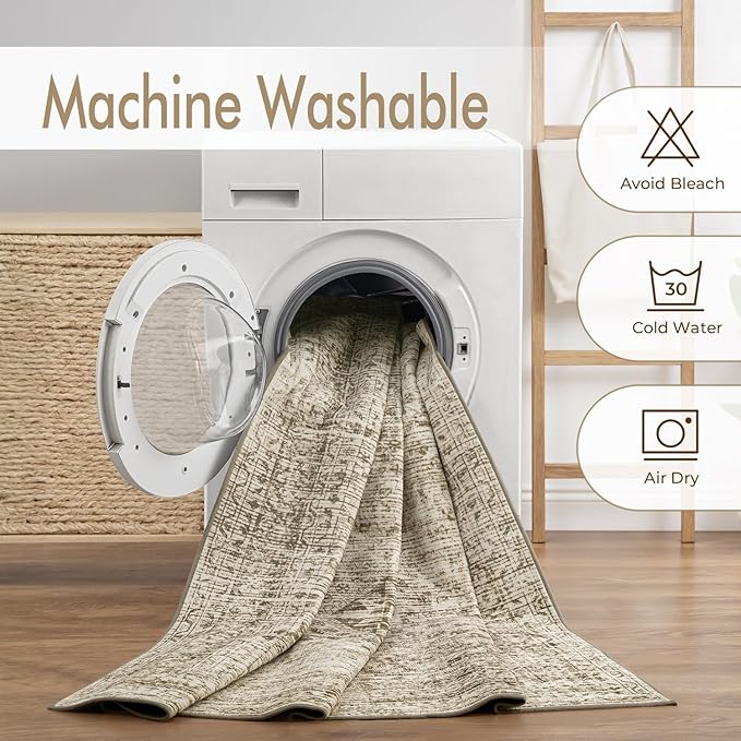 MIULEE 8x10 Vintage Washable Area Rugs Living Room Rug Low Pile Boho Farmhouse Floor Mat for Bedroom Dining Room Under Kitchen Table, Non-Slip Stain Resistant Soft Large Carpet for Home Decor, Brown
