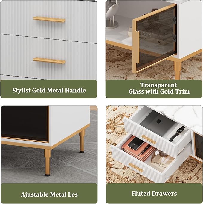 Coffee Table, White Center Table for Living Room, Modern Large Coffee Tables with Storage 4 Drawers & 2 Glass Door Storage, Faux Marble Top, Gold Metal Leg, Hidden Compartment for Reception Room