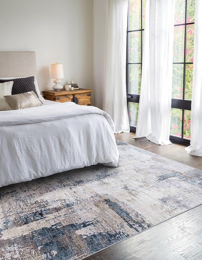 vivorug 9x12 Area Rugs for Living Room, Non Slip Machine Washable Modern Abstract Rug, Ultra-Thin Lightweight Large Area Rug Carpet for Bedroom, Dining Room, Low Pile Gray/Navy