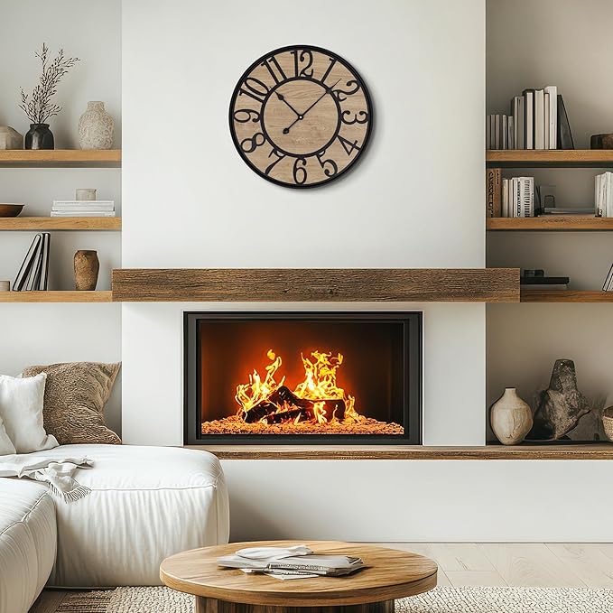 LEIKE Large Wall Clocks Living Room Decor,Non Ticking Silent,Battery Operated Small Round Modern Wood Wall Clock for Bedroom,Kitchen,Farmhouse,Office Vintage Home Decor-13.5" -Arabic Number
