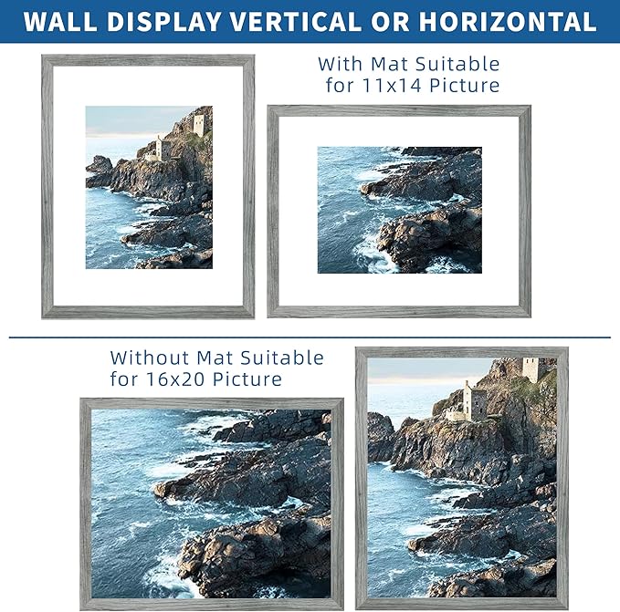 16x20 Frames Set of 2, Rustic Grey Wood Style - Display 16 x 20 Picture without Mat or 11x14 Picture with Mat, Wall Mounting Horizontal and Vertical