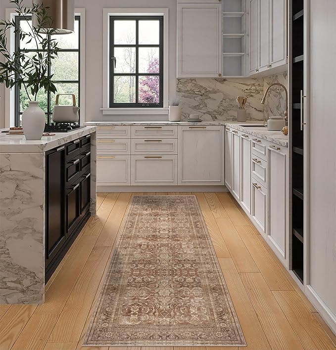 vivorug Brown Runner Rug 2x10 Machine Washable Rug with Non-Slip Backing, Ideal for Kitchen Hallway Entryway Laundry Room - Vintage, Durable, Easy Clean, Low Pile Carpet Runner