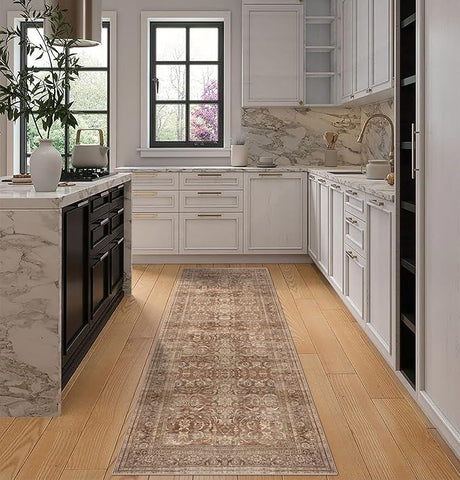 vivorug Brown Runner Rug 2x10 Machine Washable Rug with Non-Slip Backing, Ideal for Kitchen Hallway Entryway Laundry Room - Vintage, Durable, Easy Clean, Low Pile Carpet Runner