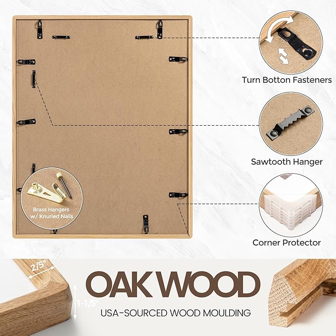 11x14 Picture Frame Set of 2, USA-Sourced Oak Wood Photo Frame with Tempered Glass, Handcrafted Rounded Corner 11 x 14 Wooden Frame Matted to 8x10 Photos, Wall or Tabletop Display