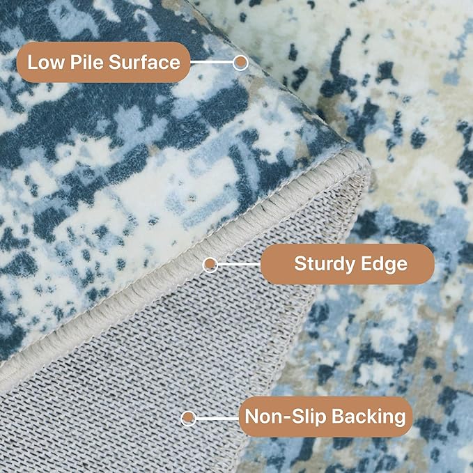 GENIMO Washable Area Rugs for Living Room Bedroom, 9x12 Modern Abstract Non Slip Rug, Low Pile Soft Contemporary Indoor Floor Carpet Cover for Dinning Room Kitchen, Slate Blue