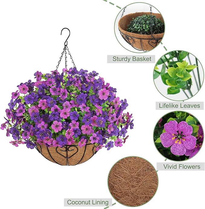 Alynsehom 2 Set Artificial Flowers with Hanging Basket, 2 Outdoor Hanging Plants with 24pcs Faux UV Resistant Fake Silk Azalea in Baskets for Porch Garden Patio Balcony Yard Home Decor(Mix Purple)