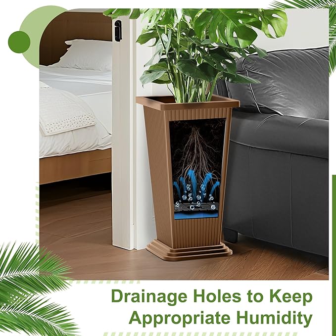 24-Inch Tall Planters Set of 2 for Outdoor and Indoor Use,Tapered Flower Pots with Drainage Tray, Front Porch and Patio Decor,Ideal for Large Plants (Stripes-Brown)
